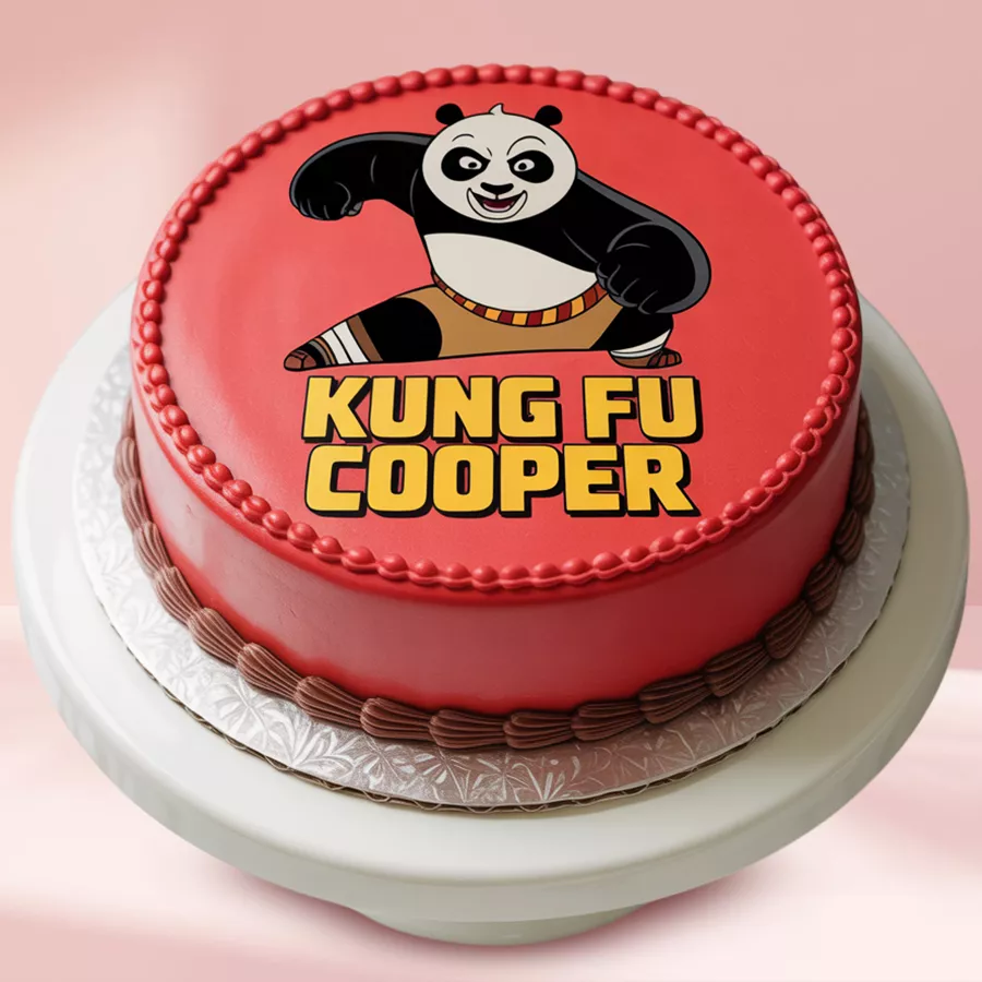 Classic Kung Fu Panda Chocolate Delight Cake with red frosting and fondant topper.