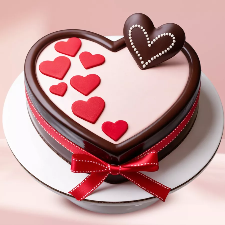 Heart-shaped chocolate fondant cake decorated with white cream, a ribbon, and fondant heart design.