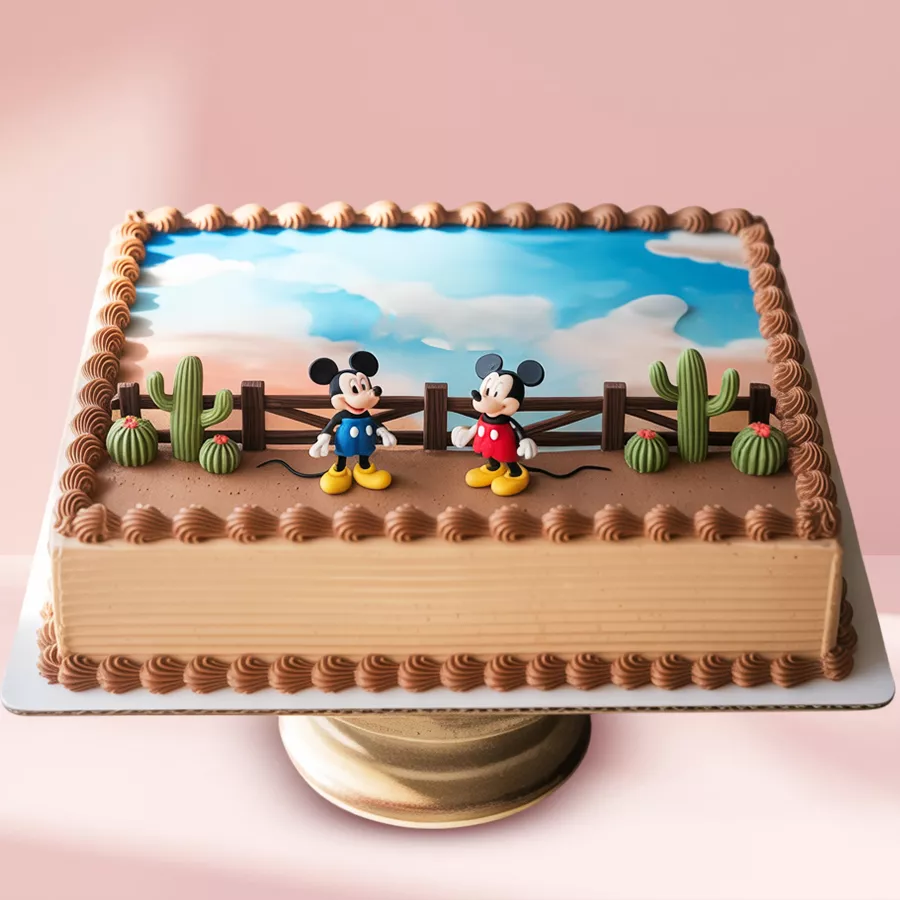 Rectangular Mickey and Minnie design cake with chocolate sponge and whipped cream frosting, perfect for celebrations.