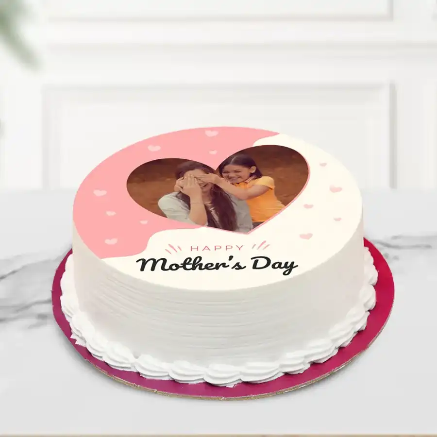 Scrumptious round vanilla photo cake for Mother's Day with "Happy Mothers Day" message.