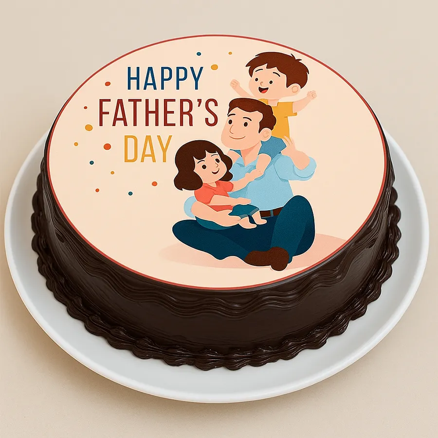 Round chocolate cream cake for Father's Day celebration.