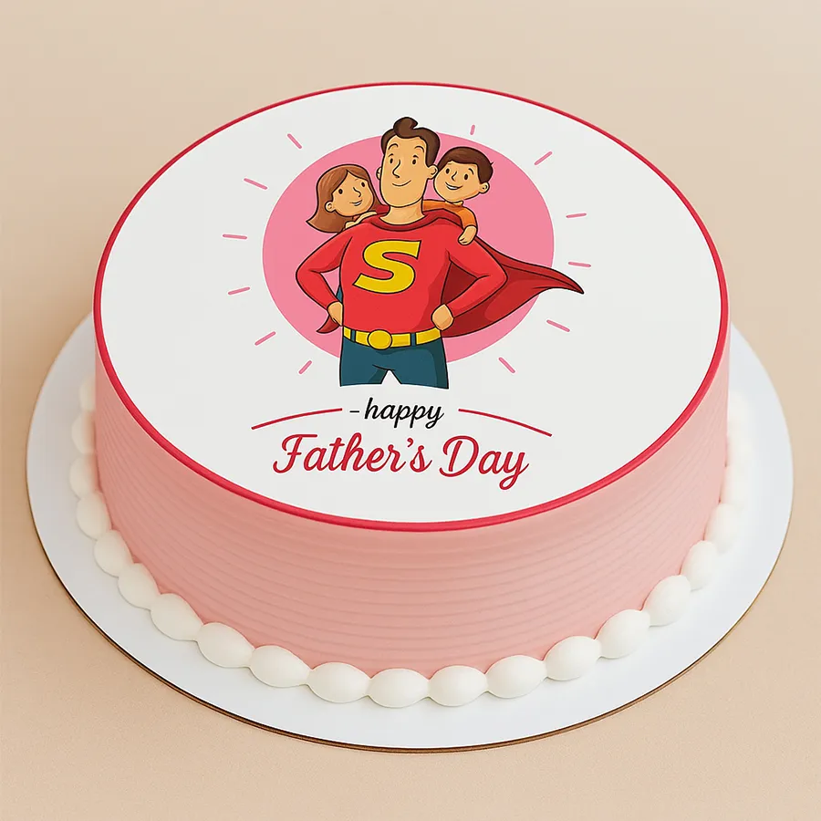 Round vanilla cream cake themed for Father's Day, celebrating Superhero Dad.