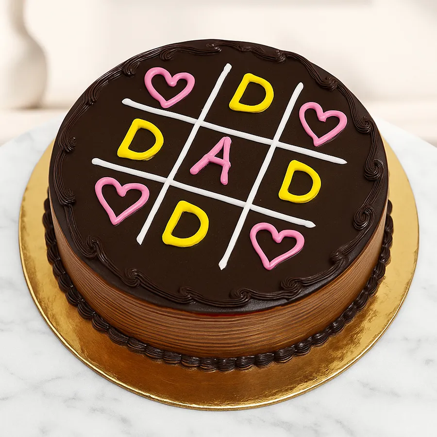 Round eggless chocolate cream cake crafted for father's celebrations.