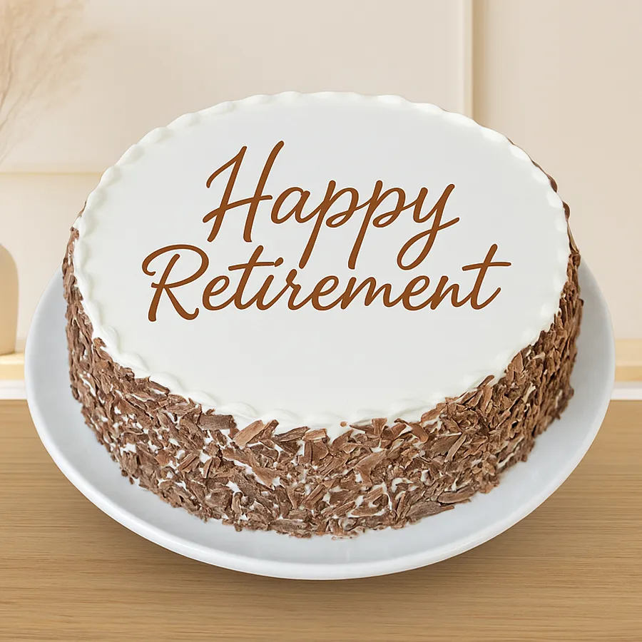 Heartwarming Black Forest cake for retirement celebrations, showcasing rich chocolate layers and whipped cream.