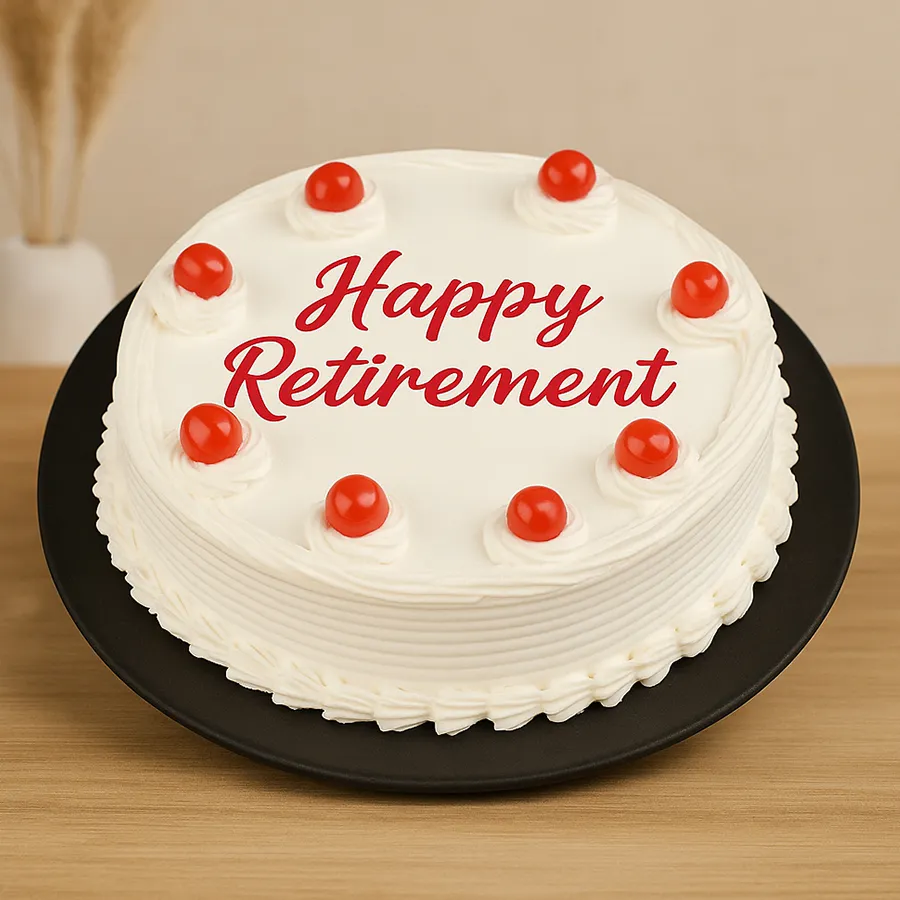 Round Vanilla Cake for Retirement topped with red cherries.