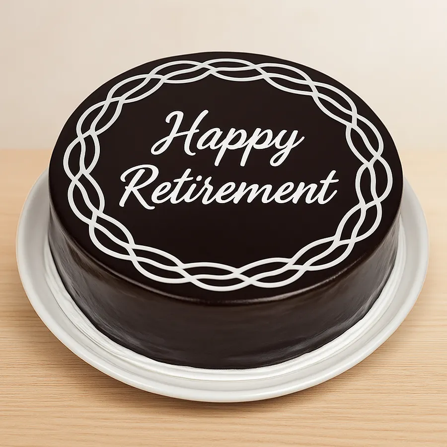 Retiring Mouthful Chocolate Cream Cake, a round 1 lb chocolate cake perfect for retirement celebrations.