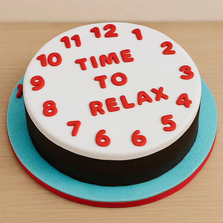 Round farewell cake for retirement in white and red fondant cream.