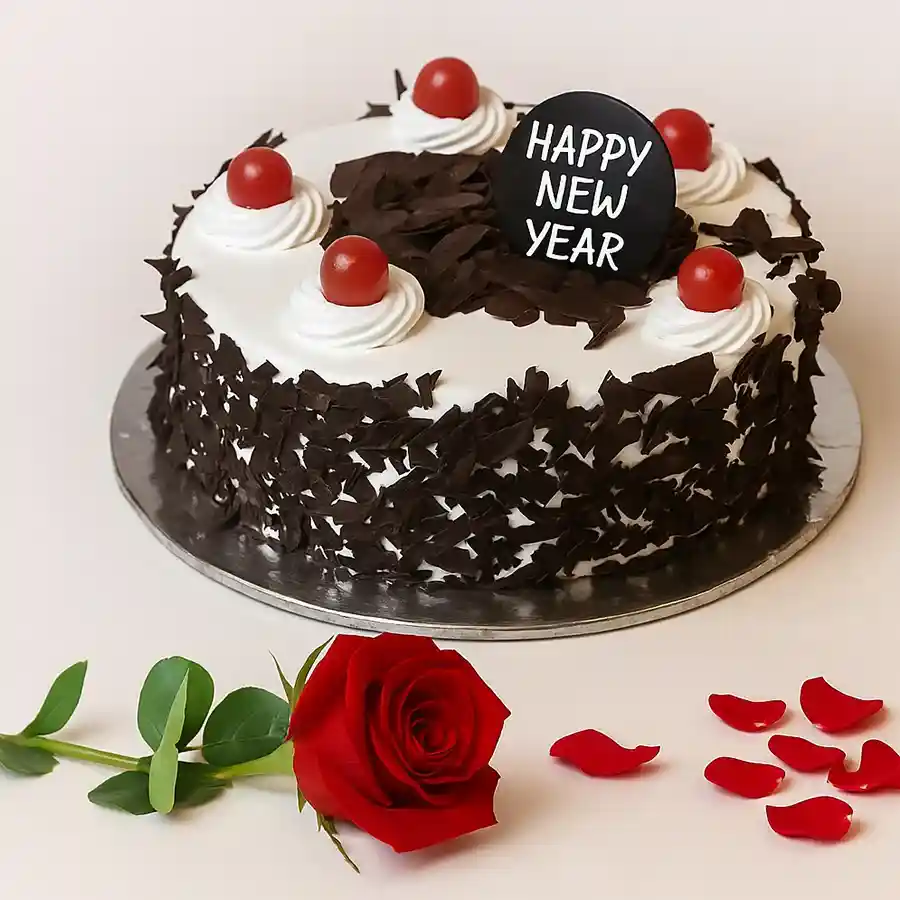 A luxurious 1 Lb Black Forest cake paired with a red rose, ideal for gifting to loved ones.