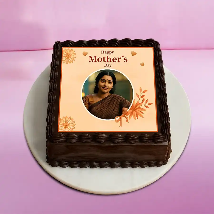 A square-shaped chocolate cake weighing 2.2 lbs, designed for Mother's Day, featuring an elegant presentation and rich flavors.