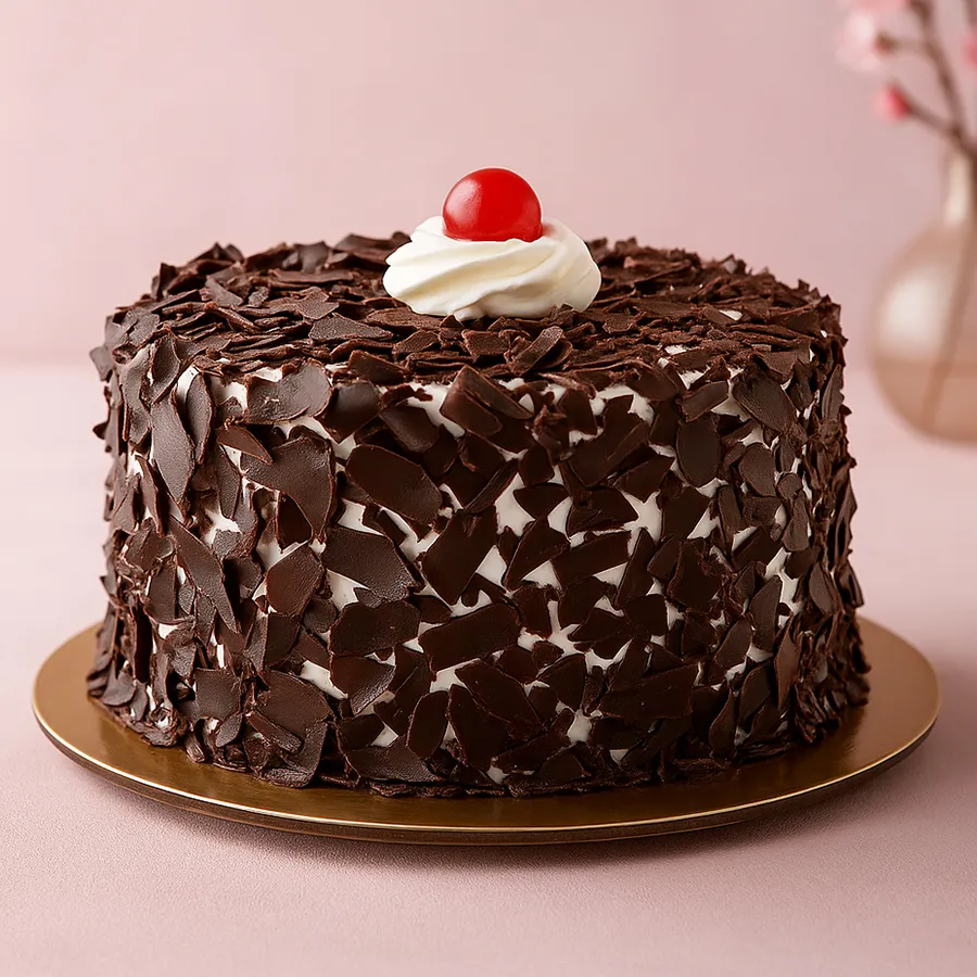 A decadent 4.4 lbs Black Forest Celebration Cake, layered with chocolate, cherries, and cream, perfect for special occasions.