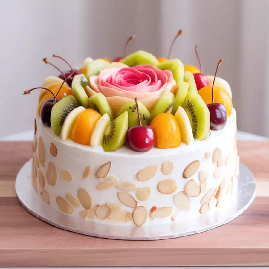 Eagerness’s Pamper 1 Kg Fresh Fruit Cake adorned with vibrant fruits, perfect for expressing love and connection.