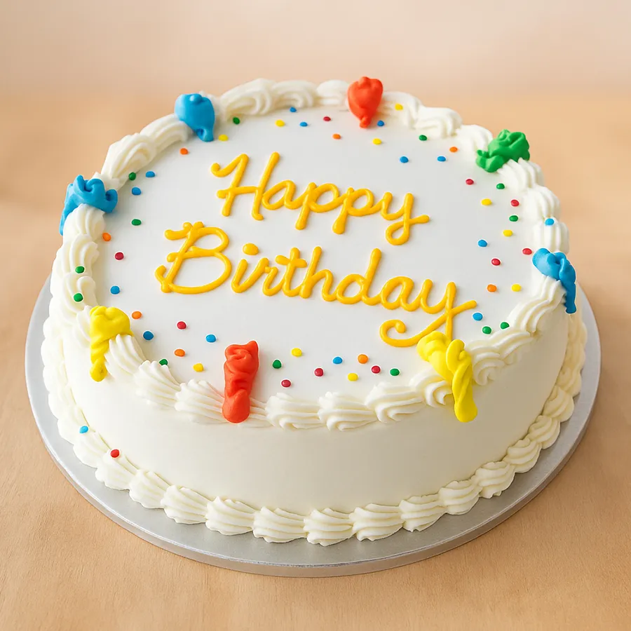 Love-Filled Vanilla Birthday Cake from 3/4 Star Bakery, perfect for celebrations.