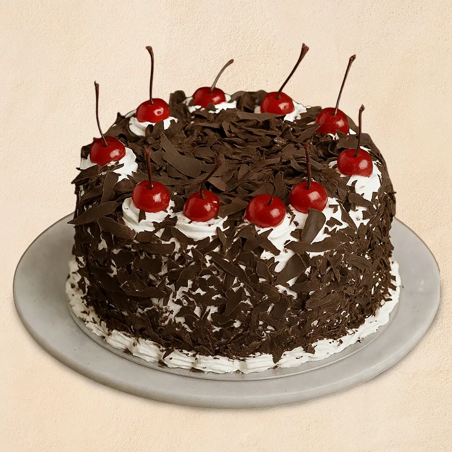 Luxurious 2.2 lbs Black Forest Cake from 3/4 Star Bakery, featuring rich chocolate, whipped cream, and cherries.
