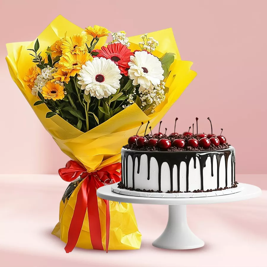 Black Forest Cake paired with a bouquet of mixed flowers, a perfect gift for expressing love.