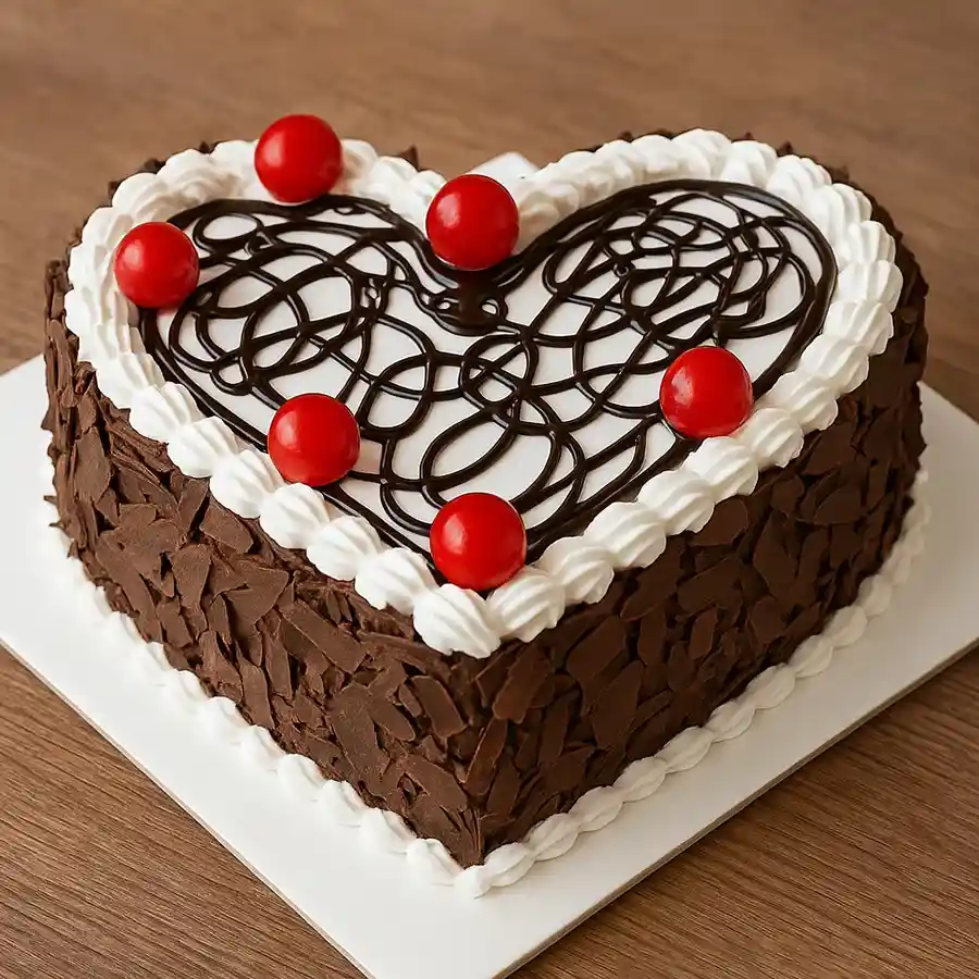 Heart Shape Black Forest Cake, 500 grams, perfect for expressing love and cherishing relationships.