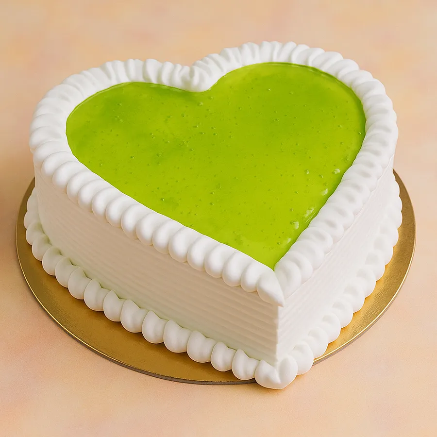 Heart-shaped Kiwi Cake, freshly baked, perfect for celebrations.
