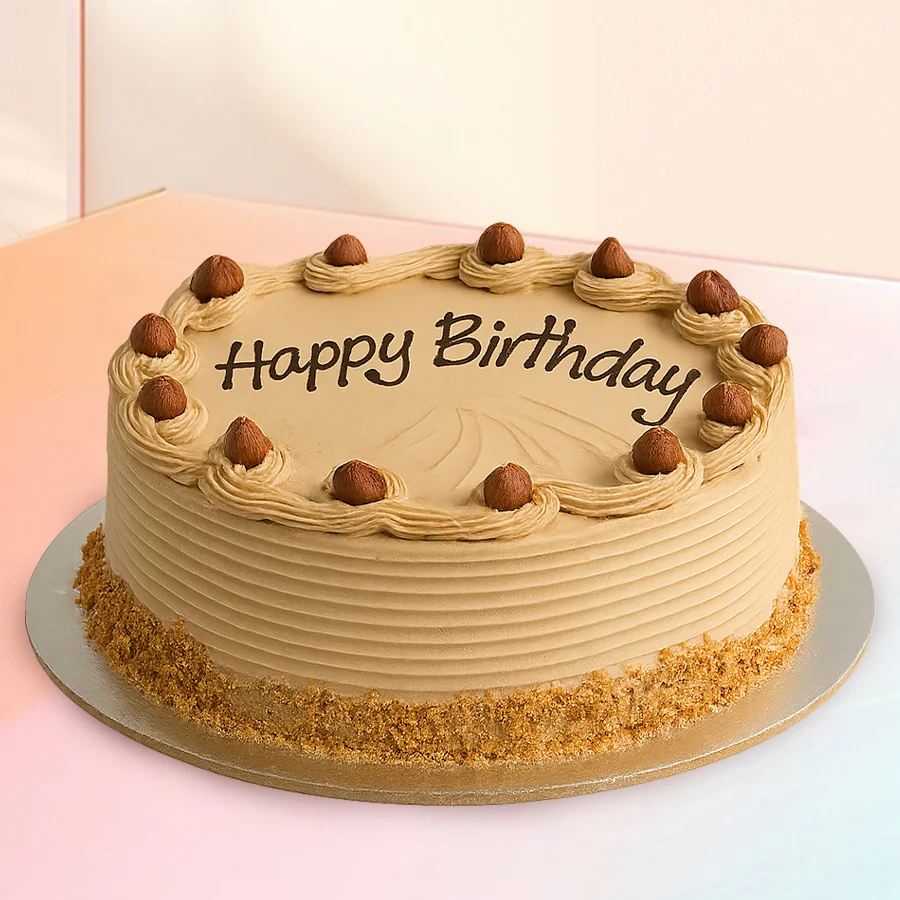 A delightful eggless coffee cake, perfect for gifting on birthdays, weighing 500 grams, with rich coffee flavors.