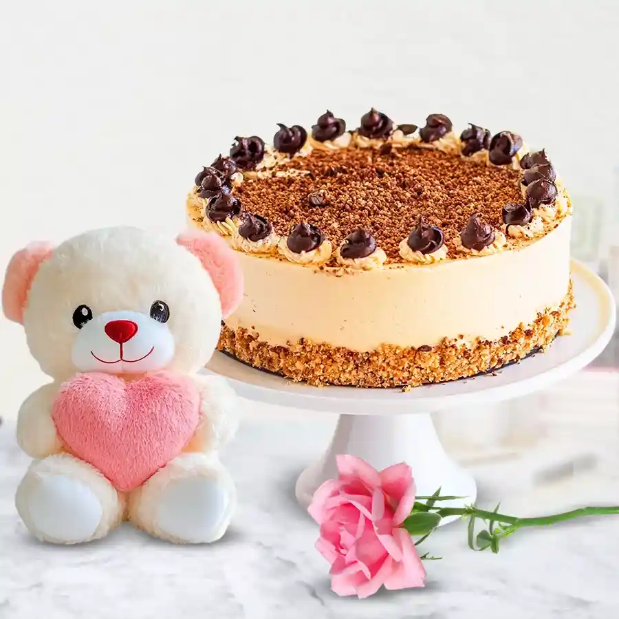 Eggless Butterscotch Cake with Teddy Bear and Pink Rose