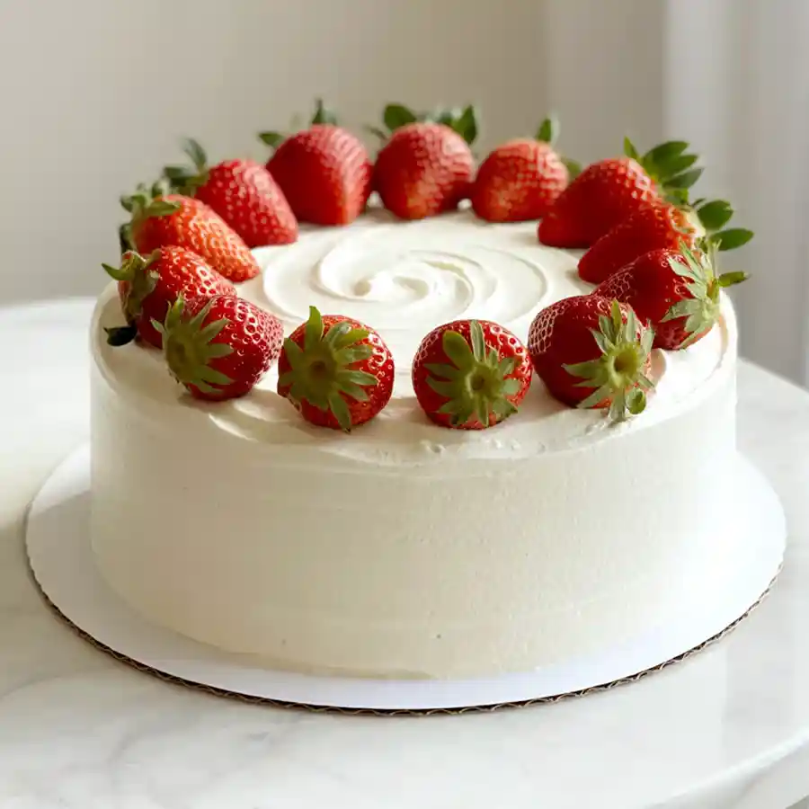 A beautifully decorated eggless strawberry cake for Mummy, symbolizing love and sweetness, weighing 1 lb.
