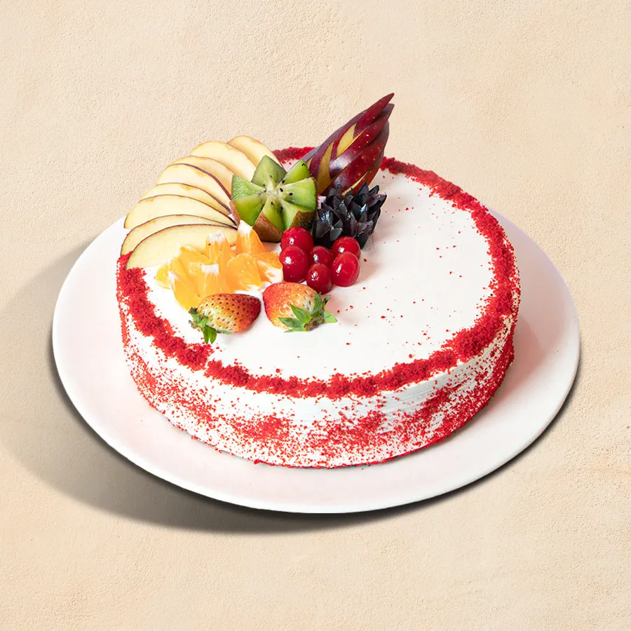 Exquisite Red Velvet Fruit Cake with fruits, perfect for gifting.