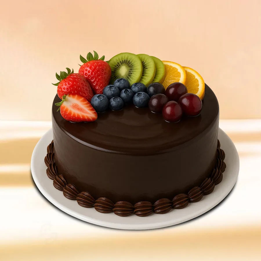 Chocolate Fruit Fantasy Cake featuring fresh fruits and rich chocolate, perfect for gifting and celebrations.