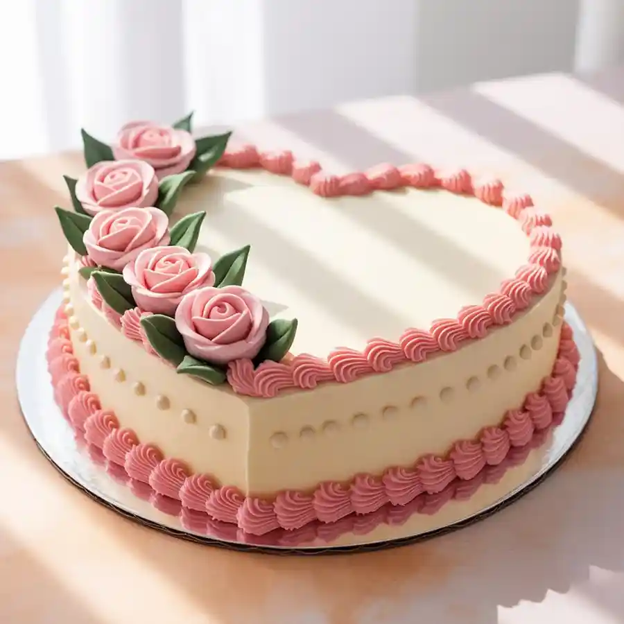 A heart-shaped vanilla cake, 2.2 lbs, perfect for Valentine's Day, decorated with love-themed accents.