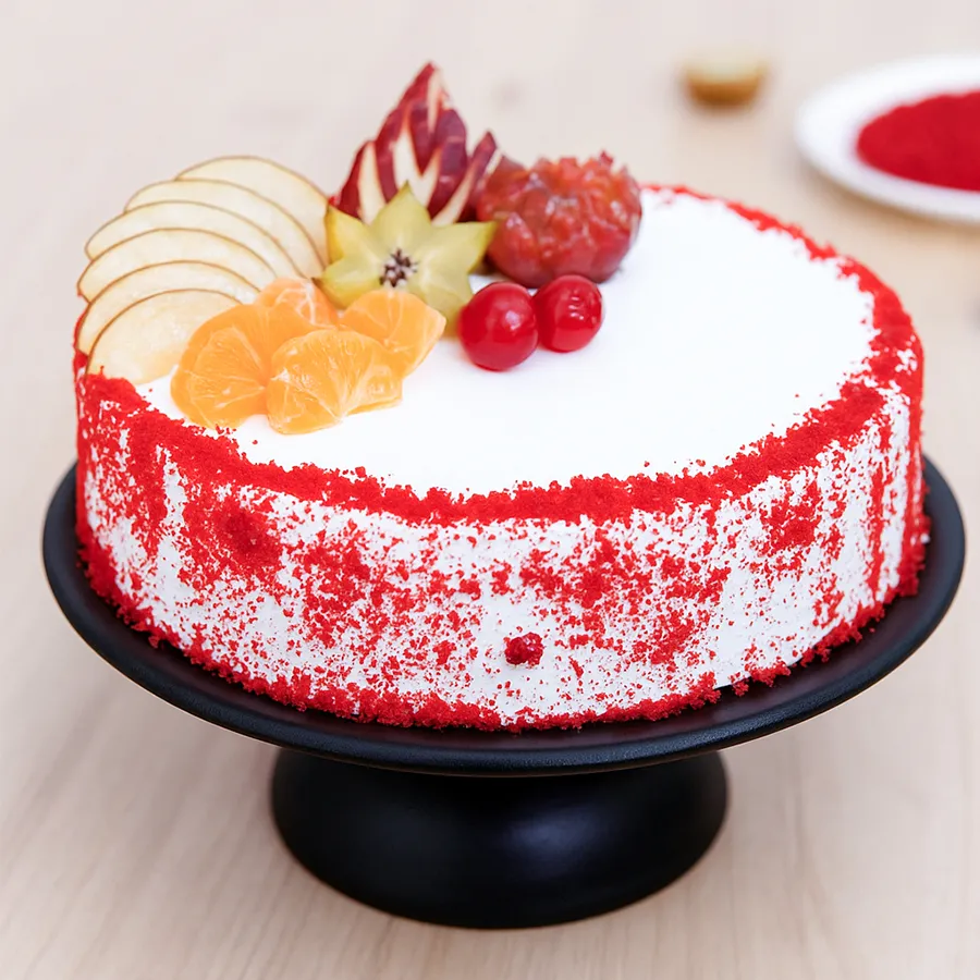 Half-kilogram Red Velvet Fruit Cake decorated for joyful celebrations.