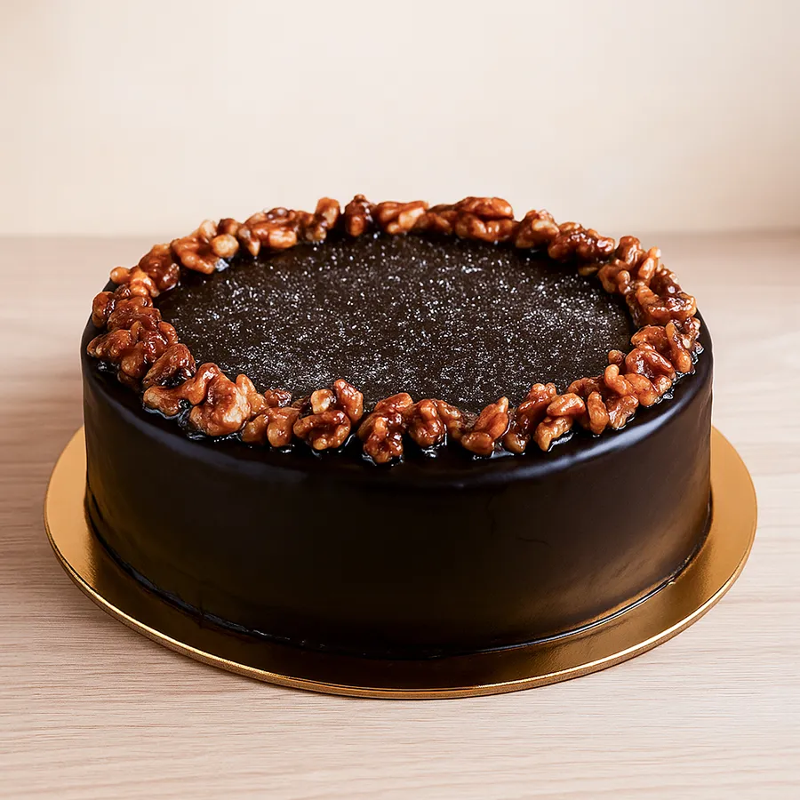A beautiful 1/2 kg decadent choco-walnut cake, ideal for gifting.