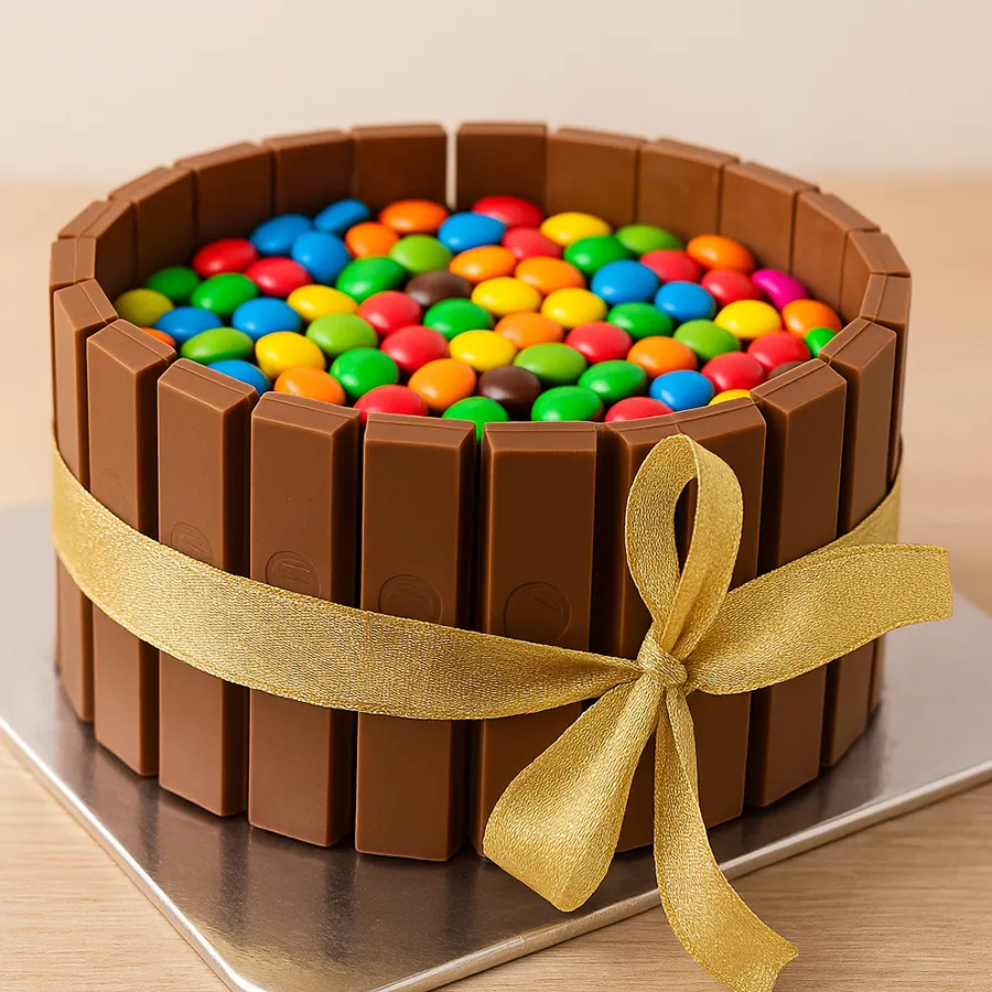 A delectable 1/2 kg Blissful Kitkat Gems Cake, featuring Kitkat and colorful gems, ideal for celebrations.