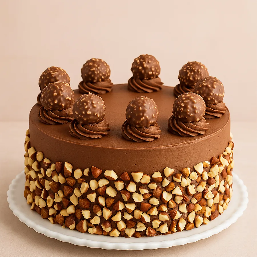 A 1/2 kg Decadent Choco-Ferrero Bliss Cake, layered with rich chocolate and infused with Ferrero flavor, perfect for sharing love.
