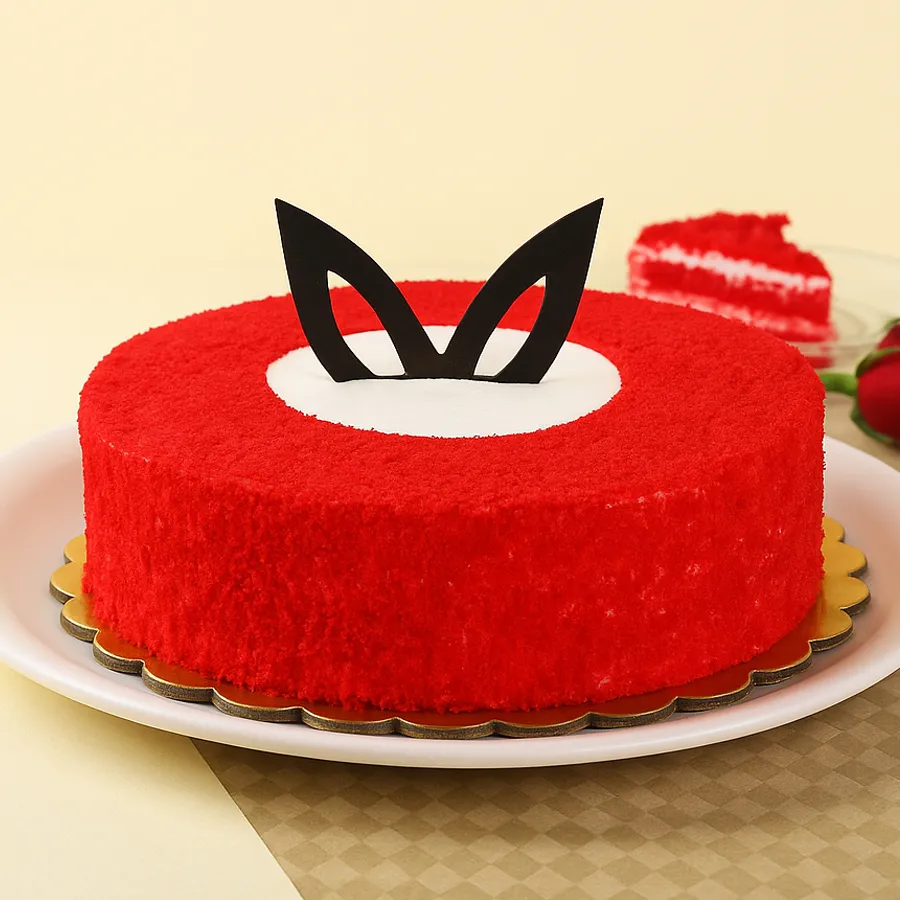 A delicious 1/2 kg Irresistible Red Velvet Delight cake, perfect for celebrations and joyful moments.