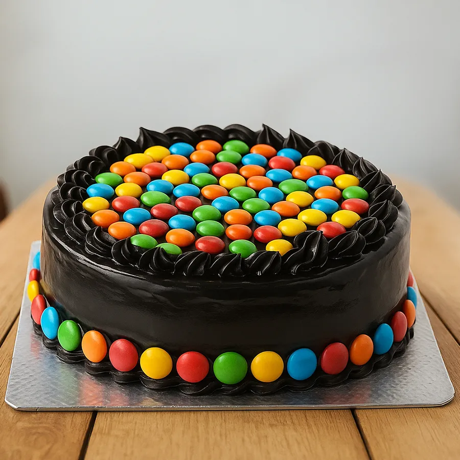 A 1/2 kg round chocolate cake adorned with colorful chocolate gems, perfect for celebrations and creating happy moments with loved ones.