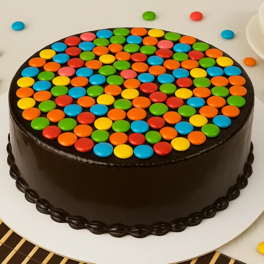 A stunning half-kilo round cake decorated with colorful chocolate gems, perfect for celebrating special moments.