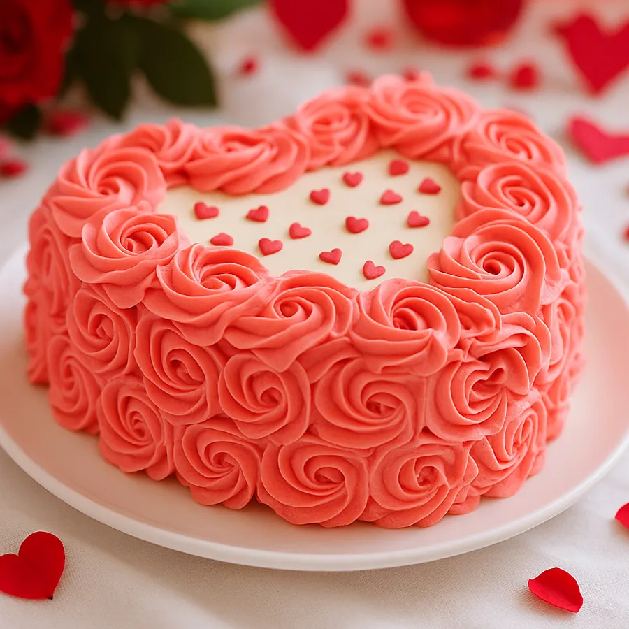 A heart-shaped strawberry rose cake, perfect for celebrating love.
