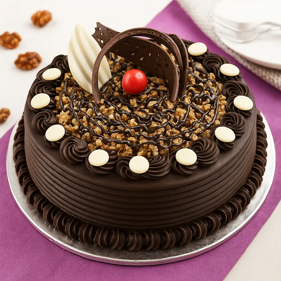 A 1/2 kg Choco Walnut Delight Cake, featuring rich chocolate and crunchy walnuts, perfect for gifting or sharing special moments.