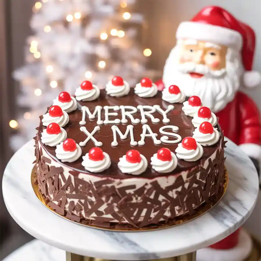 Joyful Christmas combo featuring a Black Forest Cake and Santa Claus Soft Toy.