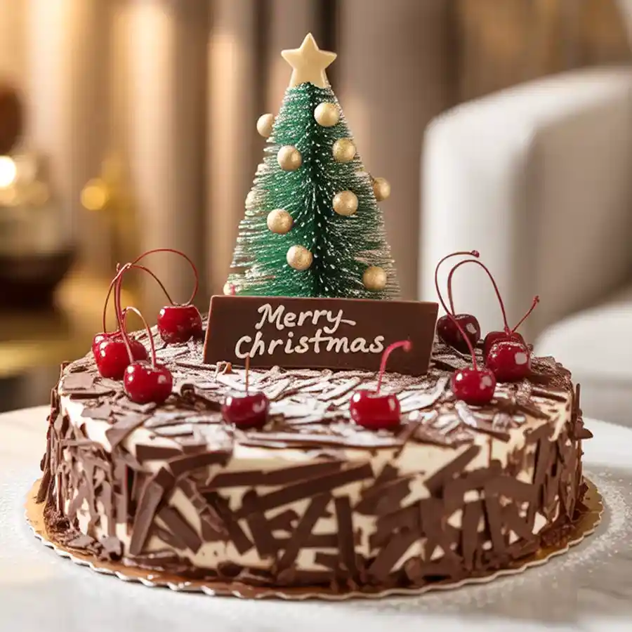 Festive Black Forest Delight Cake with a Christmas Tree decoration.