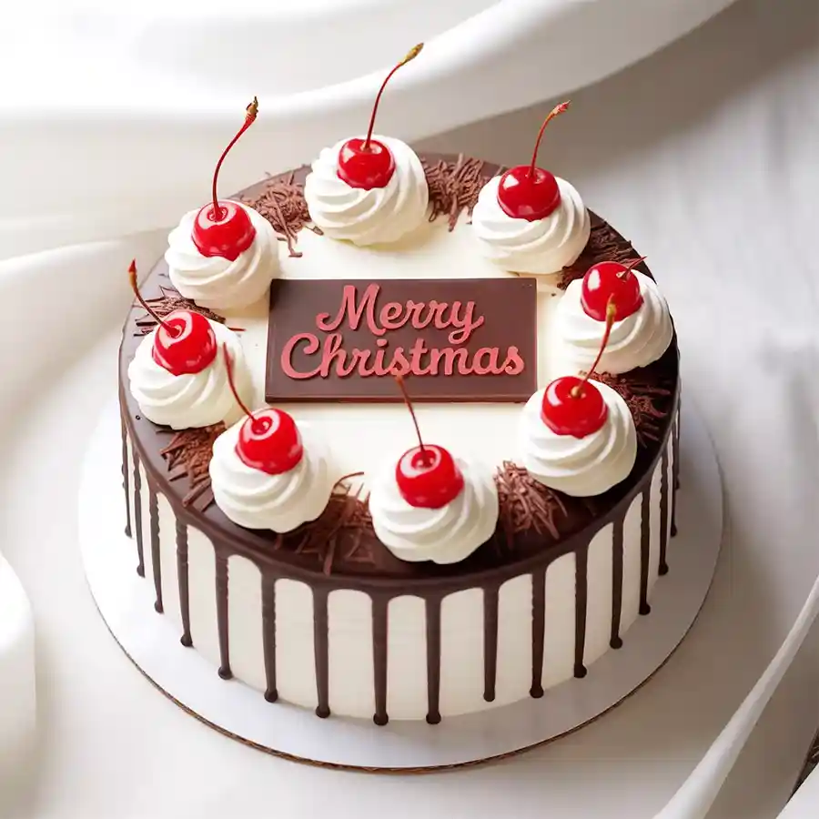 A 2.2 lb Decadent Black Forest Cake, ideal for Christmas gifting, featuring rich chocolate layers, whipped cream, and cherries.
