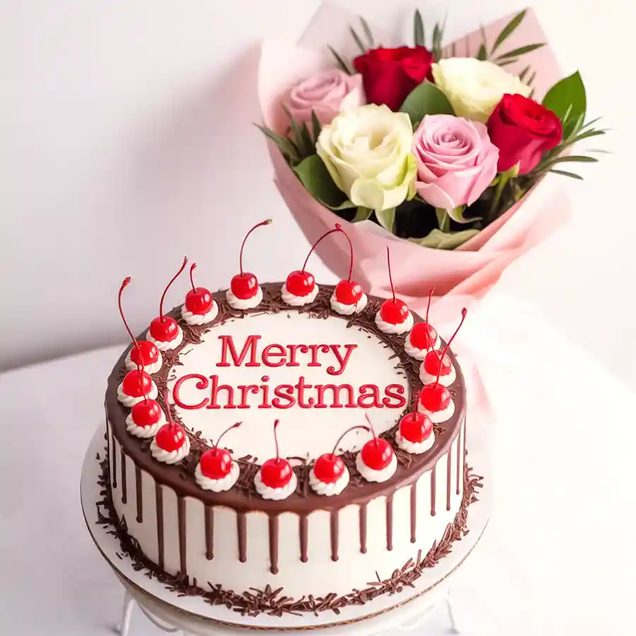 Black Forest Cake paired with a mixed rose arrangement for gifting.