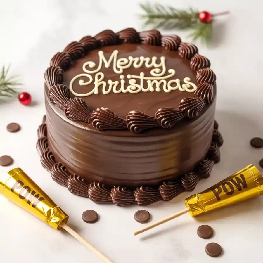 A delightful Merry Christmas Chocolate Cake with party poppers, perfect for festive celebrations.