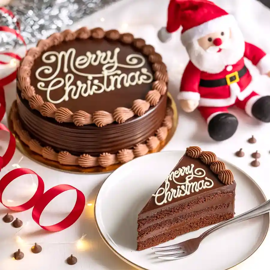 A delightful gift combo featuring a chocolaty cake and a 10-inch Santa Claus soft toy for Christmas celebrations.