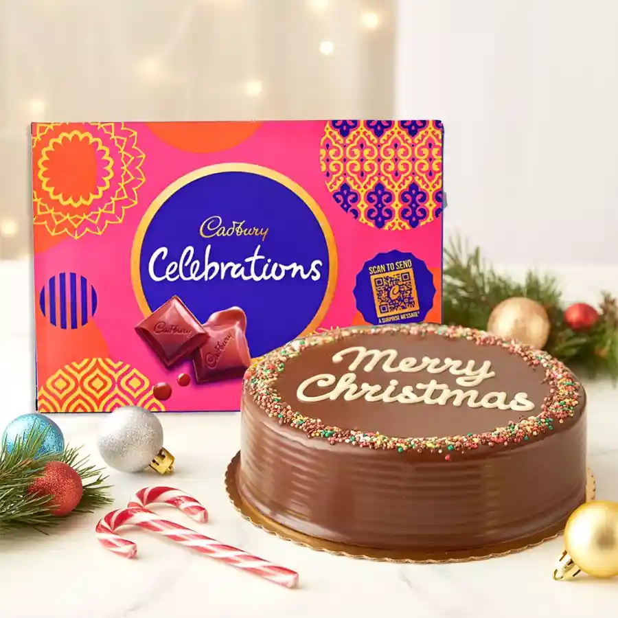 Zesty Chocolate Cake accompanied by assorted Cadbury Chocolates, perfect for gifting.
