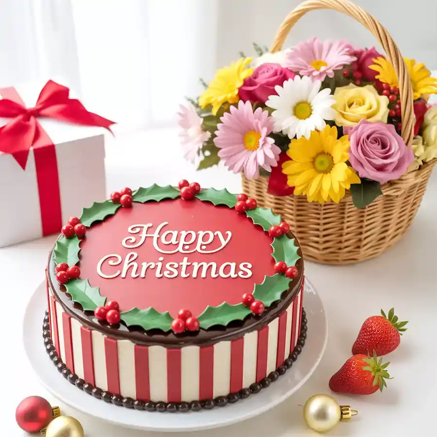 Cheerful Flower Basket with seasonal flowers and a strawberry cake for a festive gift.