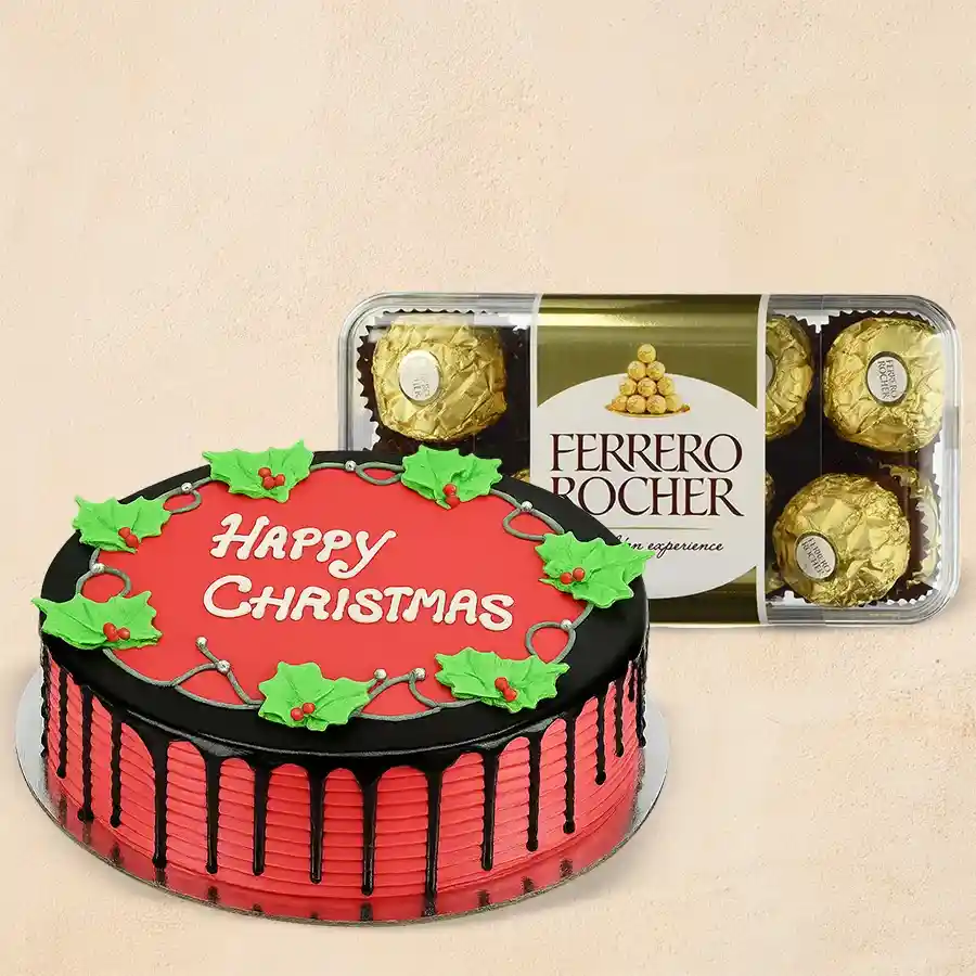 Festive 1 lb Strawberry Cake paired with 16 Ferrero Rocher chocolates for Christmas celebration.