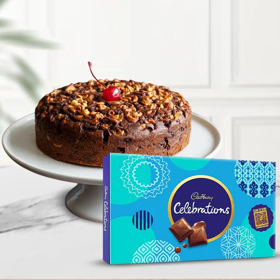 1 lb dry plum cake paired with a Cadbury Celebrations pack for Christmas gifting.