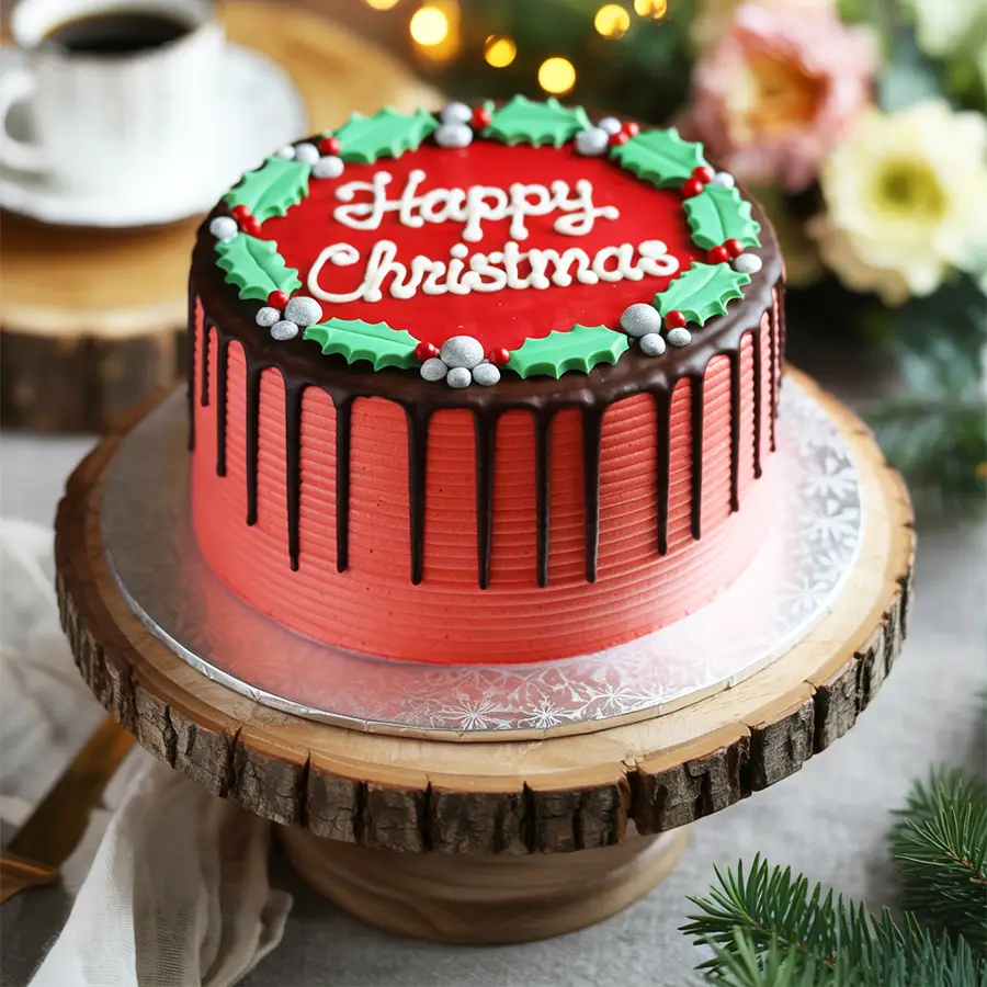 Luxurious Chocolate Strawberry Celebration Cake garnished for Christmas, weighing 1 lb.