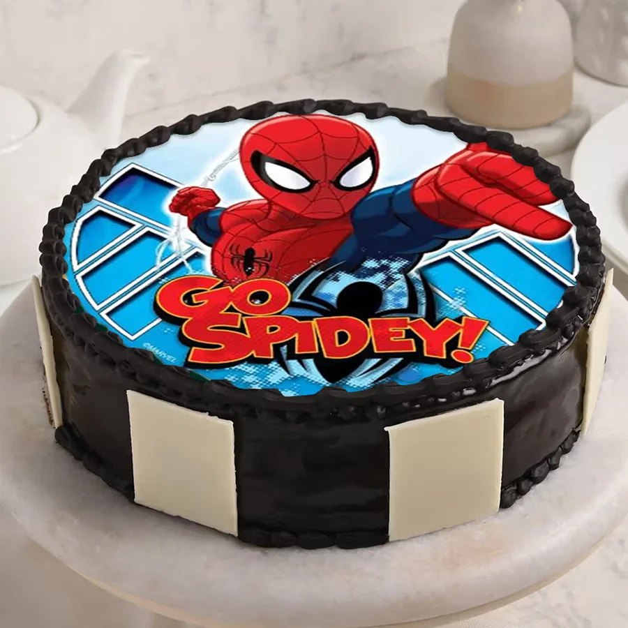 A delightful Tasty Spiderman Photo Cake, perfect for children's birthdays, showcasing vibrant colors and a custom photo.