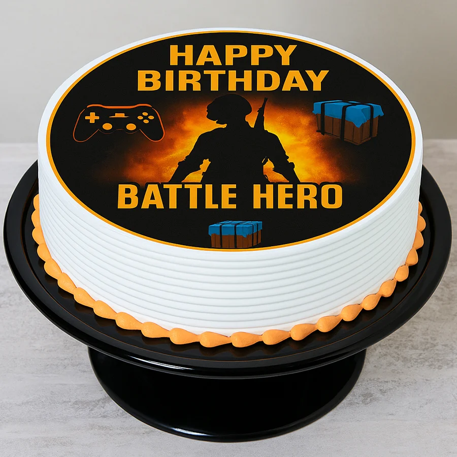 Epic PUBG Battleground Photo Cake for gamers, personalized option included.