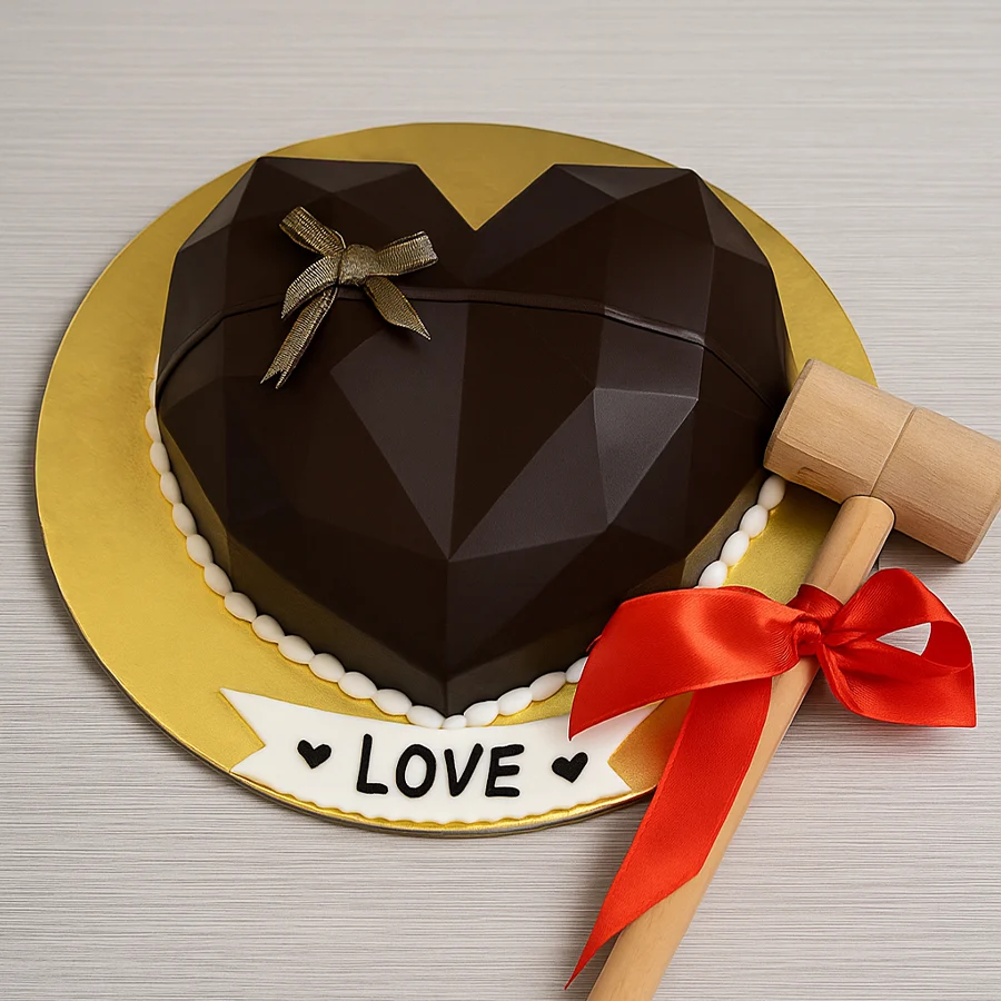 Heart-shaped chocolate pinata cake with hammer for fun celebrations.