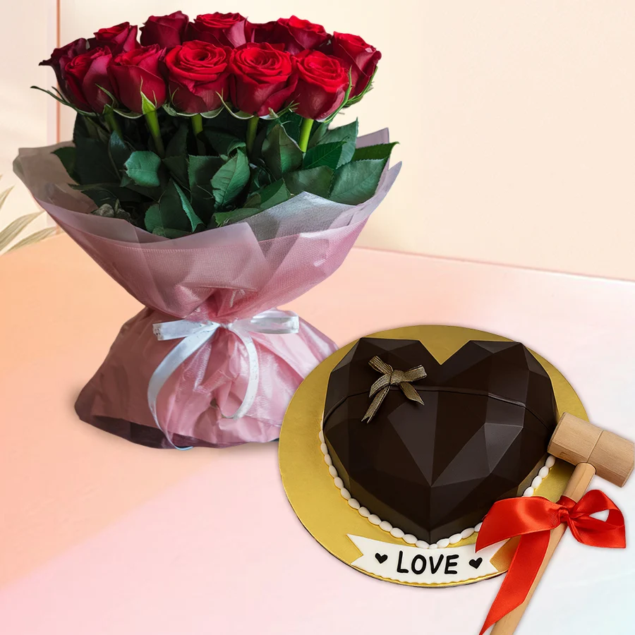Heartfelt gift featuring a bouquet of 12 red roses and a heart-shaped piñata cake with a hammer.
